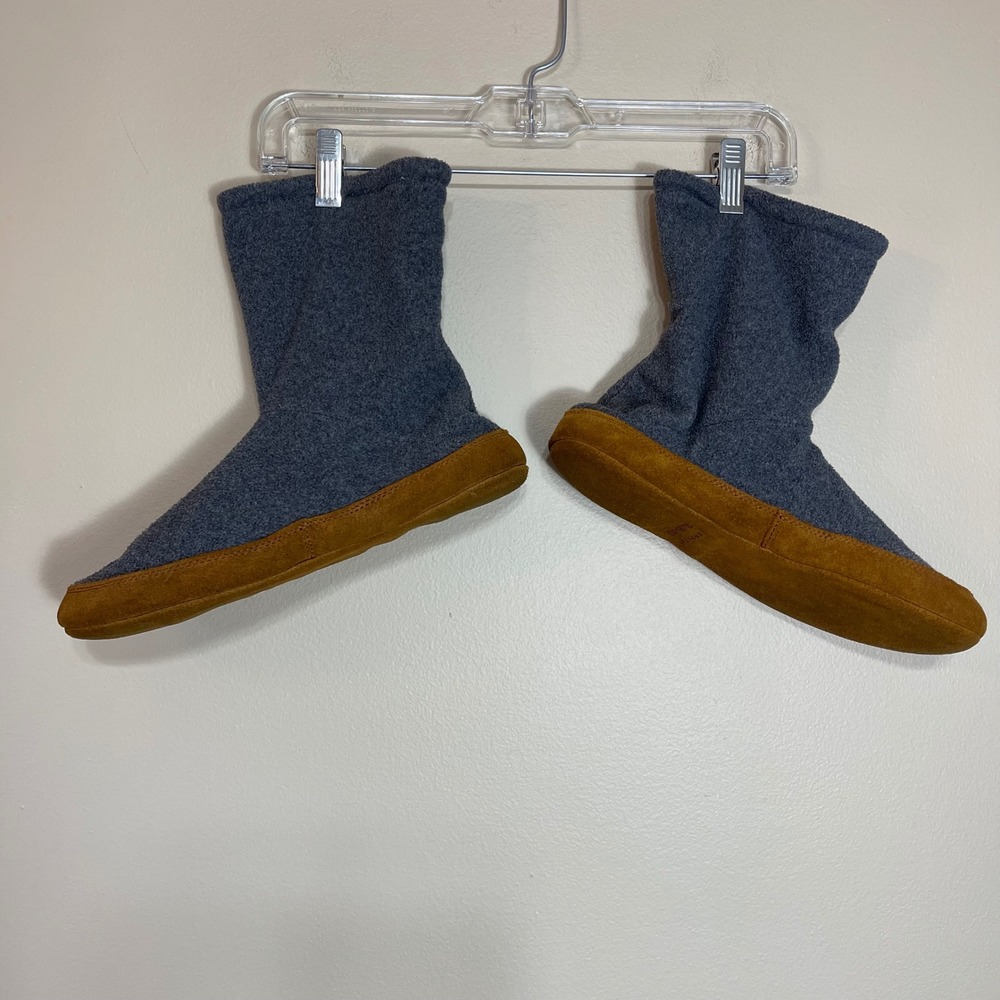 Lands End Mens XL Fleece Slipper Boots Gray Suede Sole Mid Calf Booties 93789